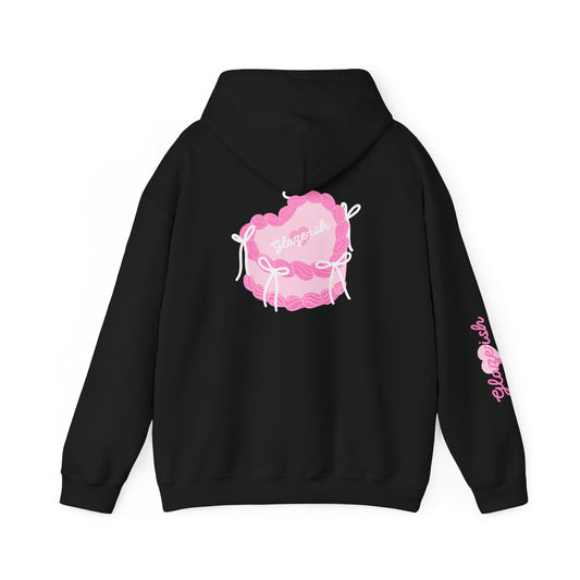 Heart Cake Hoodie — Cute Pink Pastry Graphic Hooded Sweatshirt