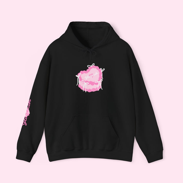 Heart Cake Hoodie — Cute Pink Pastry Graphic Hooded Sweatshirt