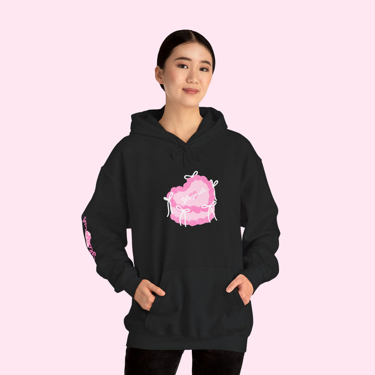 Heart Cake Hoodie — Cute Pink Pastry Graphic Hooded Sweatshirt