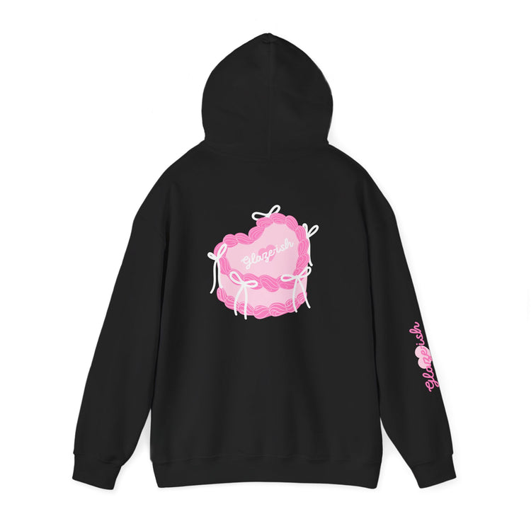 Heart Cake Hoodie — Cute Pink Pastry Graphic Hooded Sweatshirt
