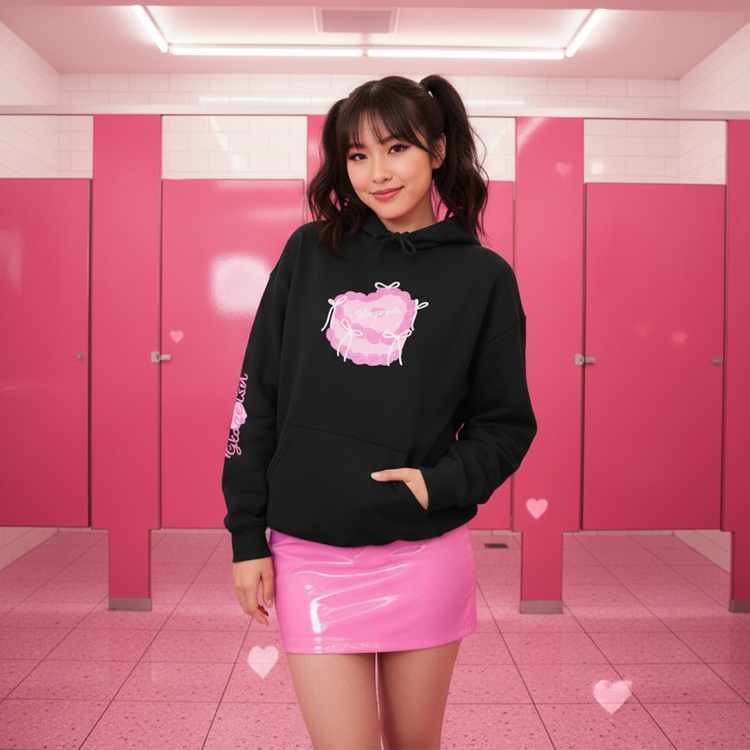 Heart Cake Hoodie — Cute Pink Pastry Graphic Hooded Sweatshirt