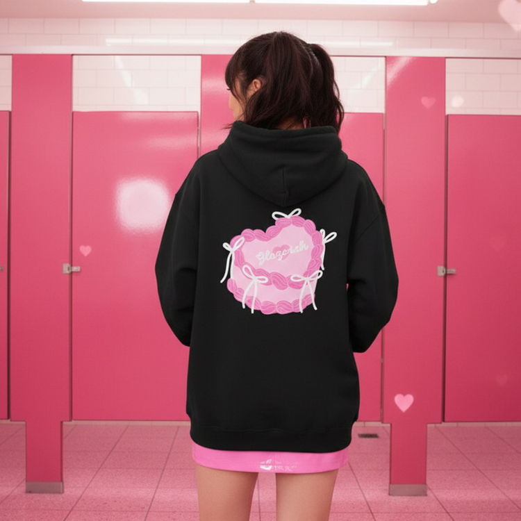 Heart Cake Hoodie — Cute Pink Pastry Graphic Hooded Sweatshirt